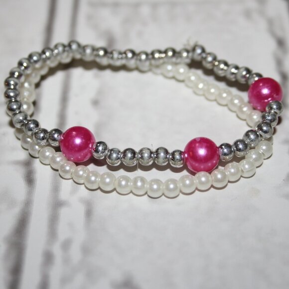 🌸 Pearl & Pink Beaded Bracelet Set · 6" · Sweetheart Stack 💖 - Picture 1 of 3
